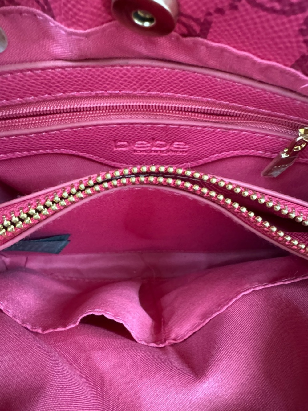 bebe Hot Pink Logo small Satchel with Gold-Tone Hardware and crossbody strap - Picture 9 of 16